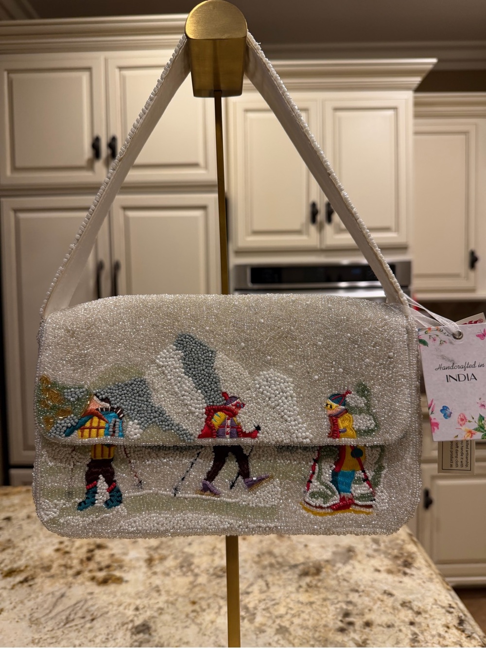 Handcrafted in India Beaded White Mountain Ski Scene Shoulder Bag